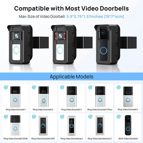 No Drill Doorbell Mount For Ring And Blink Cameras With Three Way Adjustment display with various compatible models.