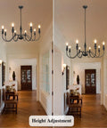 Black Farmhouse Chandelier With 8 Candle Style Lights in hallway, showing height adjustment, rustic metal ceiling fixture