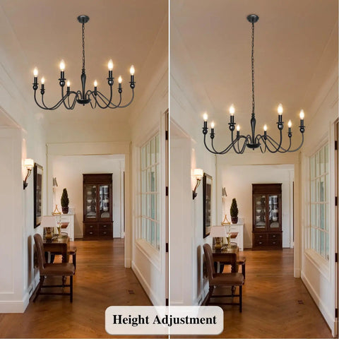 Black Farmhouse Chandelier With 8 Candle Style Lights in hallway, showing height adjustment, rustic metal ceiling fixture