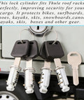 4 Pack Replacement Lock Cores For One Key System Lock Cylinders with keys for bike, roof, and ski rack accessories, shown in detail.