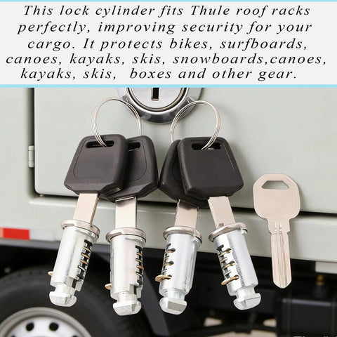 4 Pack Replacement Lock Cores For One Key System Lock Cylinders with keys for bike, roof, and ski rack accessories, shown in detail.