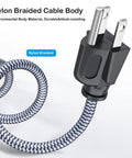Heavy Duty 10A 18AWG Nylon Braided 10 Ft AC Power Cord 3 Prong Replacement Cable For Computer TV Monitor Printer Projector And Power Supply UL Listed, showing nylon braided plug close-up.