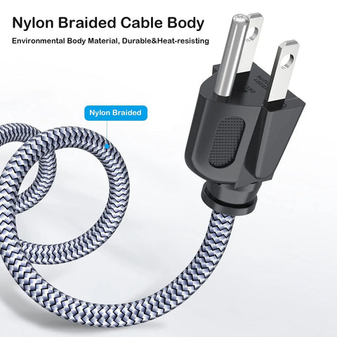 Heavy Duty 10A 18AWG Nylon Braided 10 Ft AC Power Cord 3 Prong Replacement Cable For Computer TV Monitor Printer Projector And Power Supply UL Listed, showing nylon braided plug close-up.