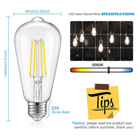 LED Dimmable Edison Light Bulbs 100W Equivalent, 8W 1200 Lumens, E26 Base Filament Bulbs, 5000K Daylight White Clear Glass, size diagram