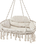 Two Person Hanging Hammock Chair With Thick Cushions And Boho Macrame Swing for Indoor Outdoor Use on porch or bedroom