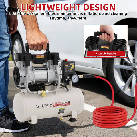 Ultra Quiet 1.5 HP Air Compressor With 2.4 Gallon Steel Tank Operates At Just 60 Dba Noise Level Perfect For Fine Detail Spray Painting Auto Garage Work And Woodworking Nailing Tasks Oil Free Piston Pump Design