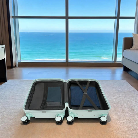 20 Inch Carry On Luggage With Usb Charging Port And Cup Holder Abs Hardshell Suitcase open with clothing inside, smooth rolling wheels, ocean view.