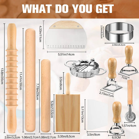 All In One Pasta Making Tools Set For Home Cooks, 14 Piece Ravioli Mold Kit With Wooden Handle, Roller Wheel Cutter, And Ravioli Press Mold.