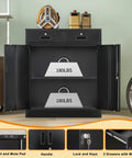 36 Inch High Locking Metal Storage Cabinet With Two Drawers And An Adjustable Shelf For Office, Garage Or Home, Heavy Duty Steel Construction In Black Finish with doors open showing adjustable shelf and storage capacity.
