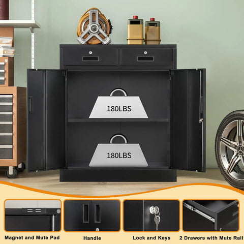 36 Inch High Locking Metal Storage Cabinet With Two Drawers And An Adjustable Shelf For Office, Garage Or Home, Heavy Duty Steel Construction In Black Finish with doors open showing adjustable shelf and storage capacity.