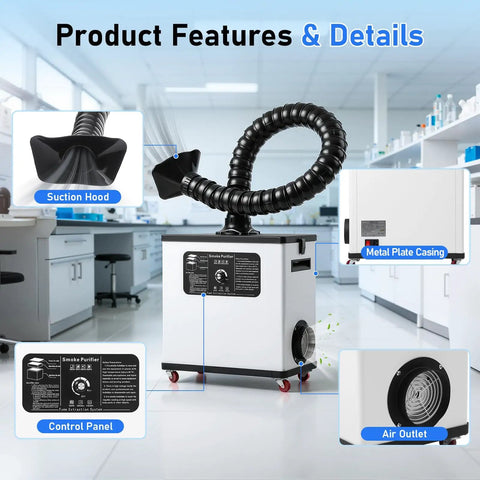 Heavy Duty Laser Solder Fume Extractor With 210 Watt Brushless Motor And Badass 360 Cubic Meter Per Hour Suction showing suction hood and control panel.