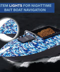 RC Fishing Bait Boat With Precision Long-Range Delivery showing LED lights and camouflage design, 4.4 lb capacity area visible.