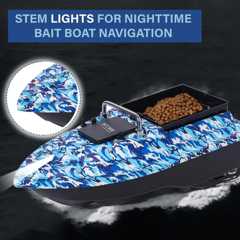 RC Fishing Bait Boat With Precision Long-Range Delivery showing LED lights and camouflage design, 4.4 lb capacity area visible.