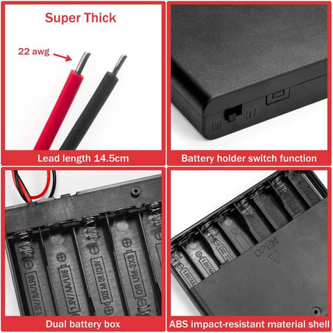 Tough As Nails Two Pack Eight AA Battery Holder Case showing lead wires, battery switch, and ABS material for secure storage.