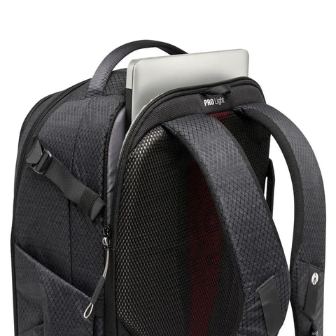 Back view of Frontloader M Pro Camera Backpack With Side And Front Access showing padded straps and laptop pocket, black.