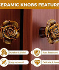Six Pack Yellow Vintage Flower Premium Ceramic Cabinet Knobs And Drawer Pulls showcase rose designs on solid wood cabinetry.