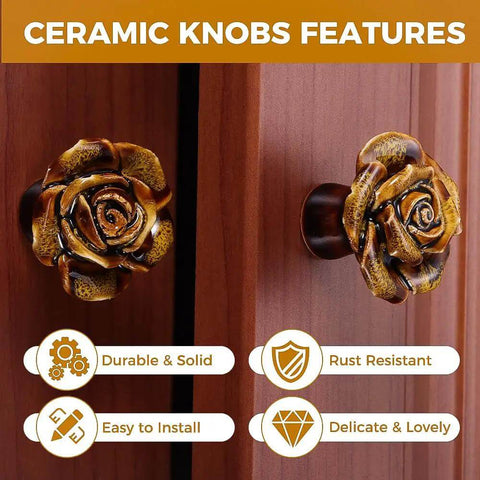 Six Pack Yellow Vintage Flower Premium Ceramic Cabinet Knobs And Drawer Pulls showcase rose designs on solid wood cabinetry.