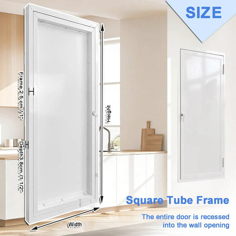 Smooth Paintable Access Panel For Drywall Seamless Wall Cover Flush Mount Door showing square tube frame dimensions in kitchen interior.