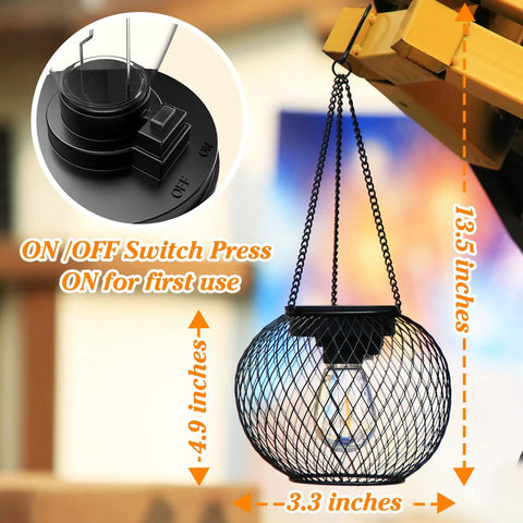 Auto On Solar Lanterns For Outdoors Upgraded Hanging Garden Lights showing dimensions and on/off switch detail