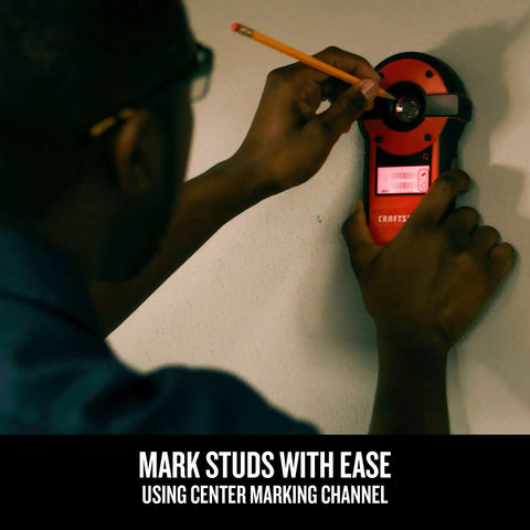 Person using 2-In-1 Laser Level And Stud Sensor Pro Grade Tool With Self Leveling Beam, 1/8 Inch Accuracy, marking stud on wall