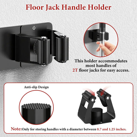 Heavy Duty Floor Jack Wall Mount Rack for Hydraulic Jacks, wall holder close-up with anti-slip design, fits 0.7 to 1.25 inch handles