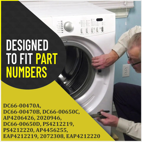 Man adjusting Samsung front load washer, showing compatibility for 4 Pack Washing Machine Shock Absorbers For Samsung Front Load Washers DC66-00470A DC66-00470B AP4206426 DC66-00650C PS4212220 Compatible With WF520ABP WF461ABW 59249057 59249075