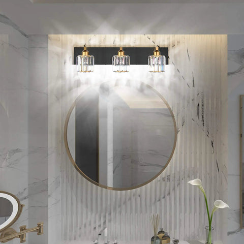 Three Light Black Crystal Vanity Light Fixture For Bathroom, Modern Wall Mount Bar, 23.6 Inch Long, 4.3 Inch Wide, 7.1 Inch Projection, Requires E26 Bulbs Not Included, Dimmable With Dimmer Switch