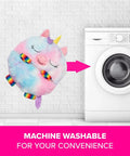 Rainbow Unicorn 2-In-1 Pillow and Sleep Sack next to washing machine, showing machine washable feature.