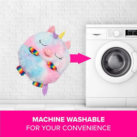 Rainbow Unicorn 2-In-1 Pillow and Sleep Sack next to washing machine, showing machine washable feature.