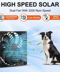 Solar Powered Fan Kit 12.6 Inch IPX7 Weatherproof With 15W Solar Panel beside dog, showcasing airflow