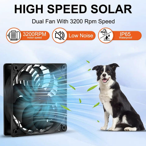 Solar Powered Fan Kit 12.6 Inch IPX7 Weatherproof With 15W Solar Panel beside dog, showcasing airflow