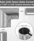 4 Pack Aluminum Gate Corner Elbows For Chain Link Fences, 90 Degree Angle Connector For 1-3/8 Inch Outer Diameter Pipe, Heavy Duty Outdoor Fence Fittings, Galvanized Aluminum, shown in detail with pipe dimensions.