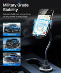 Built Tough Cup Holder Phone Mount with solid metal gooseneck in car showing 360 degree rotation and stability features