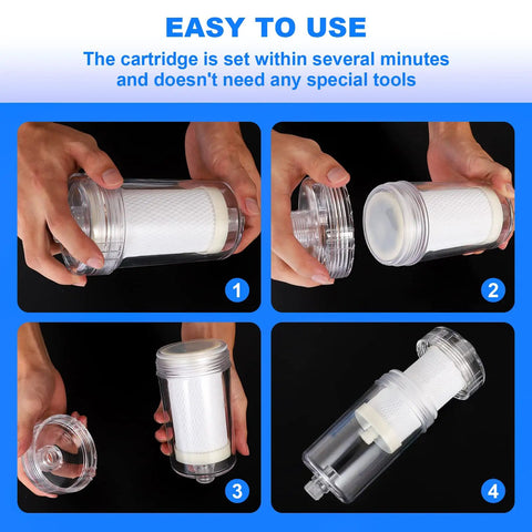 Hands assembling 2 Micron High Flow Washer Water Filter System With Visible Chamber for cleaner laundry in four steps