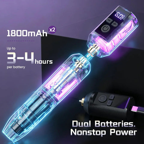 Wireless Rotary Tattoo Starter Kit For Beginners With Dual 1800mAh Batteries showcased with LED interface and charging cable