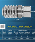 Steel Test Port Quick Coupler For Diagnostic Gauges And SensoControl Meters, Push To Connect, Female Pipe Thread, Eighth Inch Body, Quarter Inch 18 NPTF Thread, Length Two Point One Two Inches, shown with size dimensions.