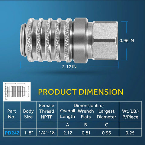 Steel Test Port Quick Coupler For Diagnostic Gauges And SensoControl Meters, Push To Connect, Female Pipe Thread, Eighth Inch Body, Quarter Inch 18 NPTF Thread, Length Two Point One Two Inches, shown with size dimensions.