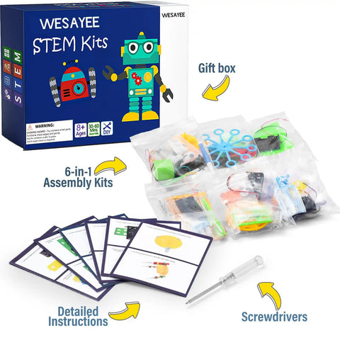 Six In One STEM Robotics Kit For Kids Ages Eight To Twelve With Bubble Machine Doodling Robot and assembly parts