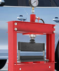 12 Inch Hydraulic Press Brake Attachment for metal workshop use, shown installed on hydraulic press with gauge, in automotive setting.