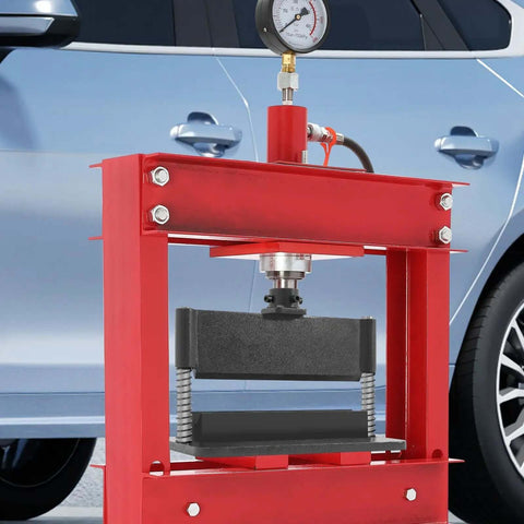 12 Inch Hydraulic Press Brake Attachment for metal workshop use, shown installed on hydraulic press with gauge, in automotive setting.