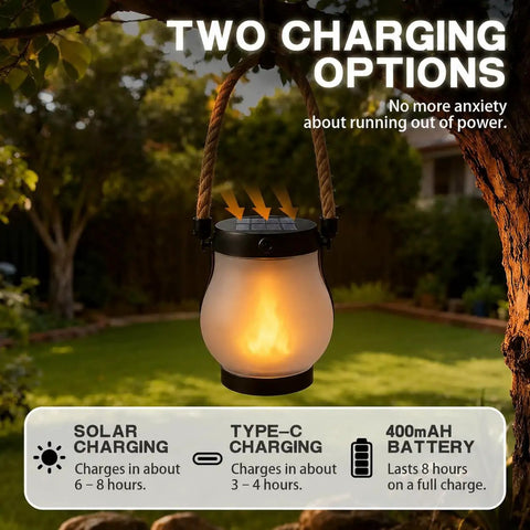 Solar Lantern Outdoor Lights With Realistic Dancing Flame Effect For Camping And Patio Use hanging in a garden