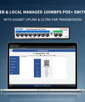 Eight Port 100Mbps PoE Switch With Dual Gigabit Uplink 120W Power Budget, web interface on laptop screen