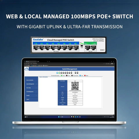 Eight Port 100Mbps PoE Switch With Dual Gigabit Uplink 120W Power Budget, web interface on laptop screen