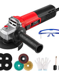 AVHRIT 4-1/2 in angle grinder, red/black, 10A, 13000 RPM; front view with guard, handle, goggles and discs