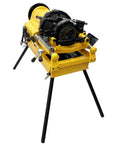 Pro Grade Heavy Hitter 1/2 To 4 Inch 220V Electric Pipe Threader 750W 3 In 1 Power Cutter on a stand with black legs.