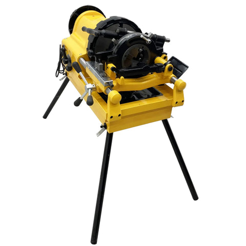 Pro Grade Heavy Hitter 1/2 To 4 Inch 220V Electric Pipe Threader 750W 3 In 1 Power Cutter on a stand with black legs.