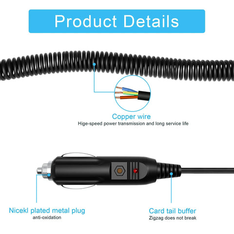 DC Car Charger For ICOM Radios Replacement Quick Charge In Vehicle Power Adapter with copper wire and metal plug details