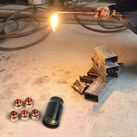 Drag Shield Pro Grade Plasma Cutter Shield Kit with copper shields and a shield cap, next to a torch in action.