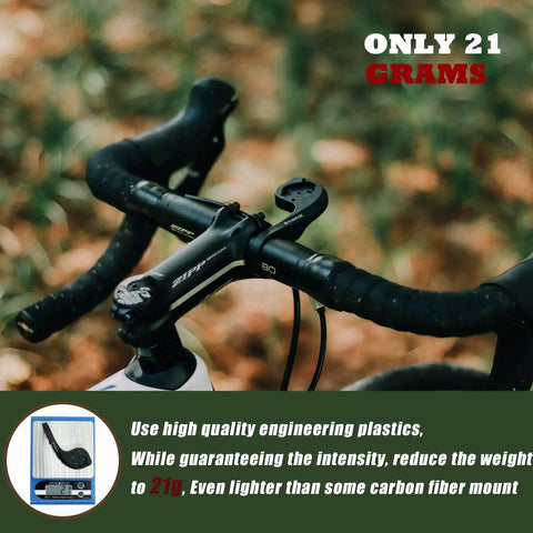 Out Front Bike Computer Mount For Garmin Edge GPS Devices on bicycle handlebars in natural setting, weighs 21 grams
