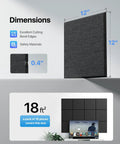 Self-Adhesive Soundproof Wall Panels 18 Pack Square Acoustic Foam Panels For Walls Home Office And Recording Studio Pro Grade High Density Noise Reduction 12 X 12 X 0.4 Inches Black showing dimensions and coverage area on a wall